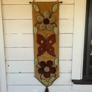 Vintage 1970s Burlap and Latch Hook Yarn Wall Hanging butterfly flowers